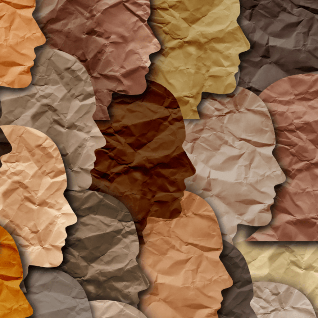 Silhouettes of human heads cut out of paper in various skin colors.