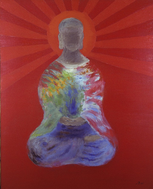 Painting of a seated figure on a red background.