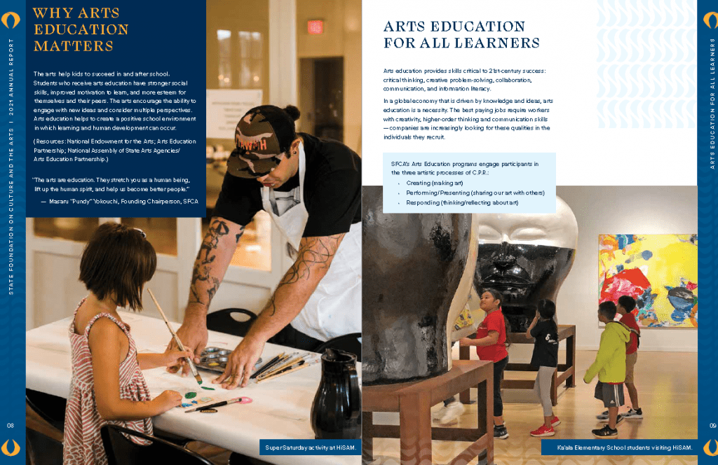 Pages 8 and 9 from the 2021 annual report. The headings read "Why Arts Education Matters" and "Arts Education for All Learners". The photo on the left shows a child holding a paintbrush and a teacher. The photo on the right shows a group of elementary school students walking through a museum gallery.