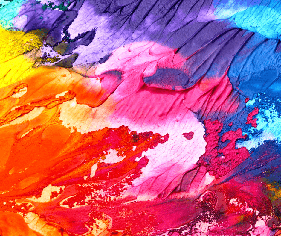 Bright strokes of thick paint in shades of yellow, orange, pink, blue, purple.