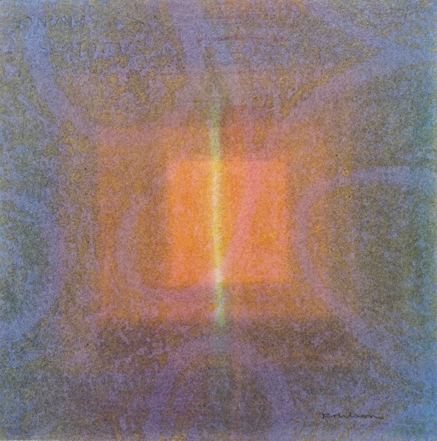 watercolor painting in blues, greens, oranges, and purples.