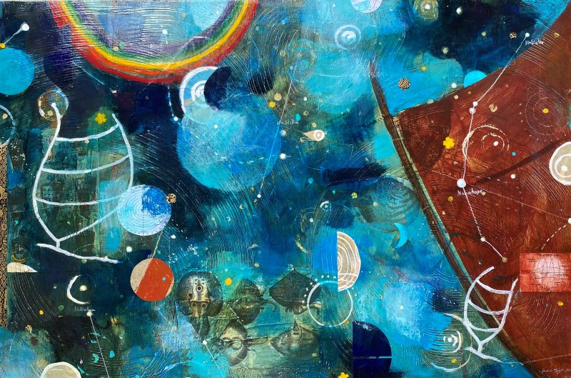 Painting by Sarah Taylor Ko, in shades of blues, greens, and browns, with petroglyph-like shapes and other motifs.