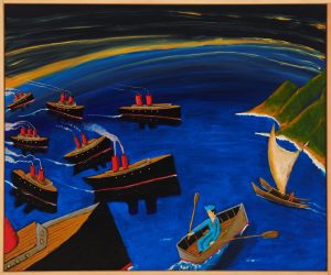 painting of ocean and ships with a sailor in a rowboat, Polynesian canoe, and partial view of a coastline.