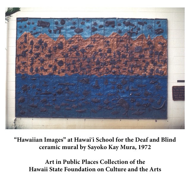 Ceramic mural with a raised surface of various shapes.