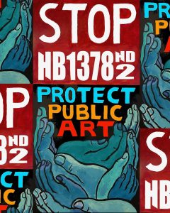 painting of hands holding sign reading stop hb1378hd2 protect public art