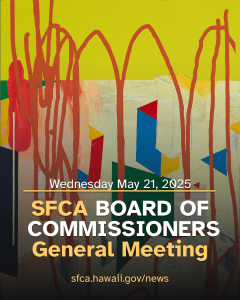 brightly colored abstract painting with text overlay