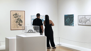 Two people looking at artworks in a museum gallery.