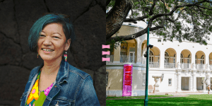 Photo collage of person and building